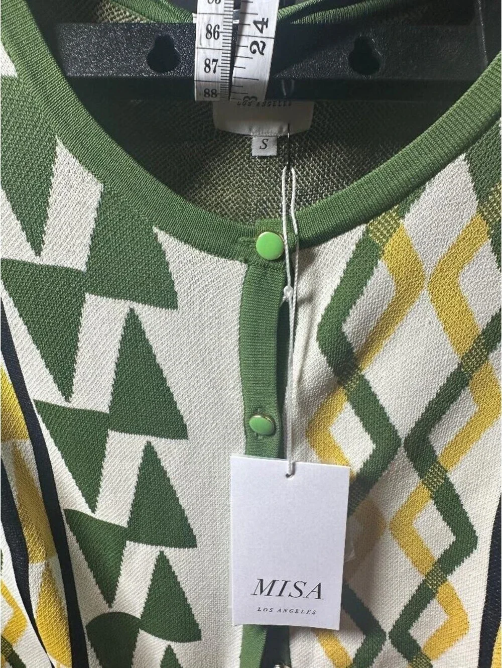 MISA Los Angeles Knit Cardigan & Pants Set Green Yellow Geometric Size S NWT
